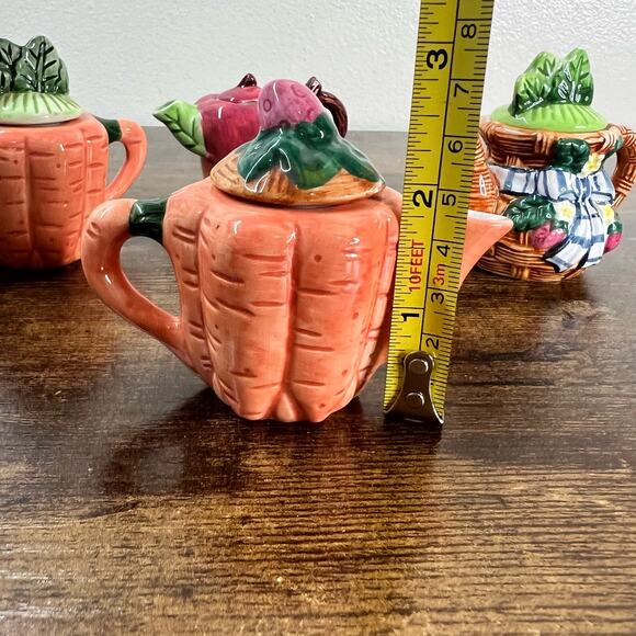 4 Vintage Fine Ceramic Miniature Lidded Teapots Apple Carrot Basket Collectible - Picture 4 of 12